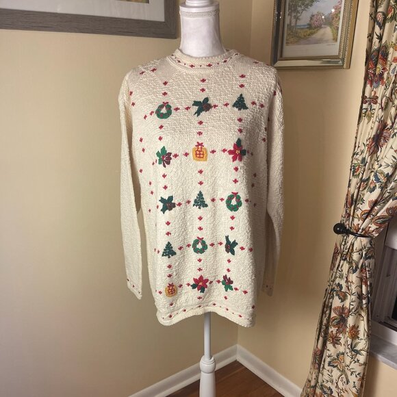 VTG Liz Claiborne Womens Christmas Knit Sweater Sz L Embroidered Retro Holiday - Picture 1 of 14
